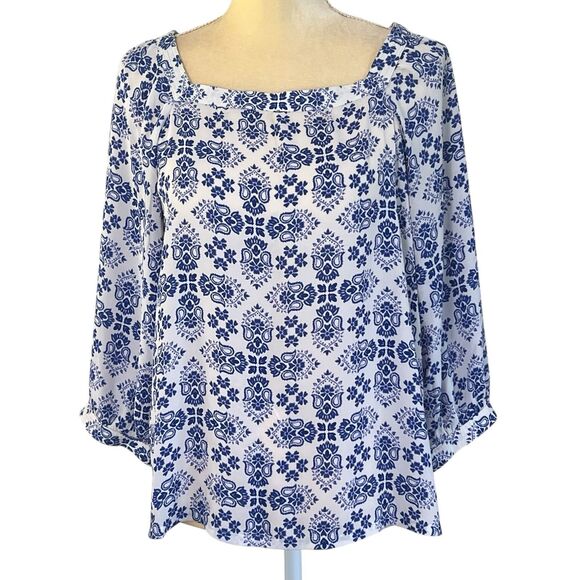 LOFT Tops - Loft Women’s Blouse Square Neck Small Blue White Floral Semi sheer